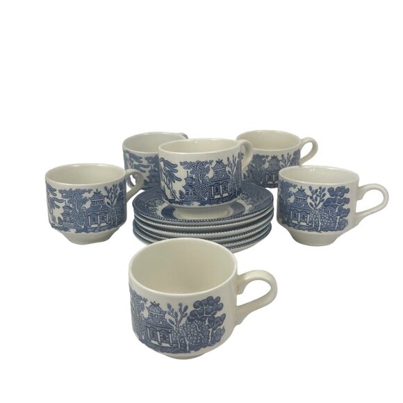Churchill Ironstone Vintage Blue & White Willow Pattern Cups With Saucers Set Of - Picture 11 of 11